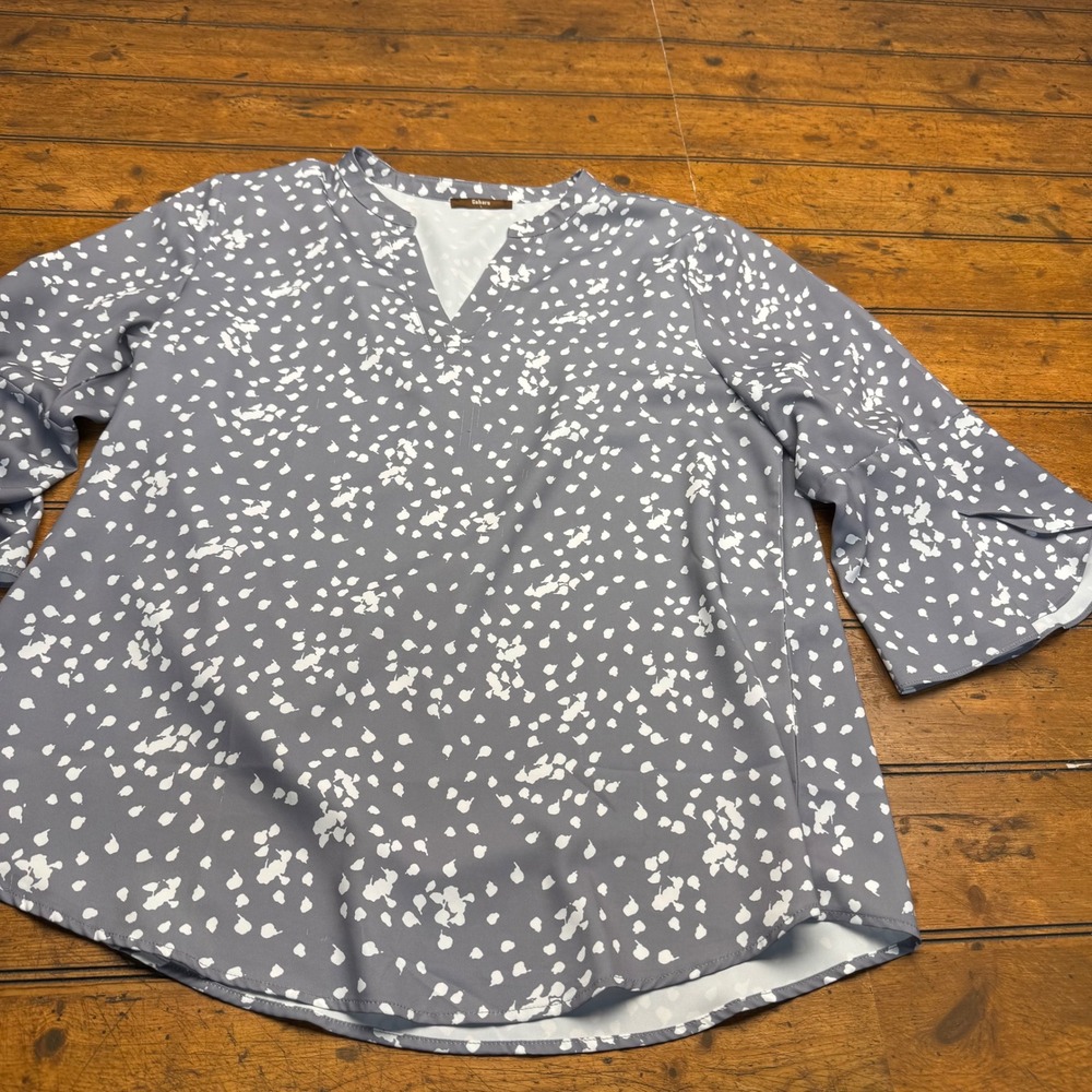 Gaharu Women's Grey Abstract Dot Print Tunic Top‎ 3/4 Sleeve V-Neck Size L FLAW